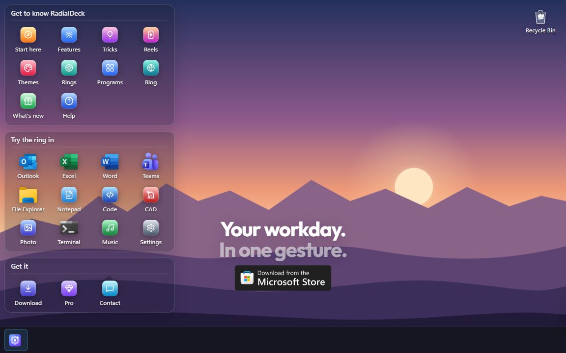 The RadialDeck desktop: a Windows desktop with the ring in the middle