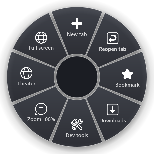 The Browser ring: New tab, Reopen tab, Bookmark, Downloads, Dev tools, Zoom 100%, Theater, Full screen