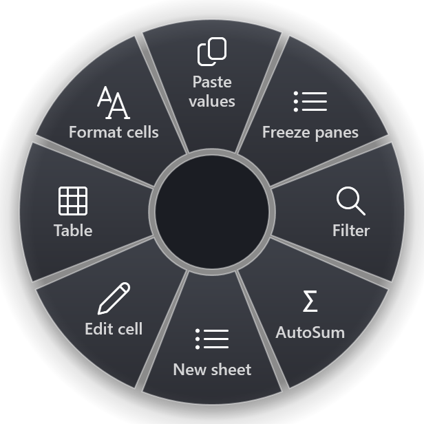 The Excel ring: Paste values, Freeze panes, Filter, AutoSum, New sheet, Edit cell, Table, Format cells