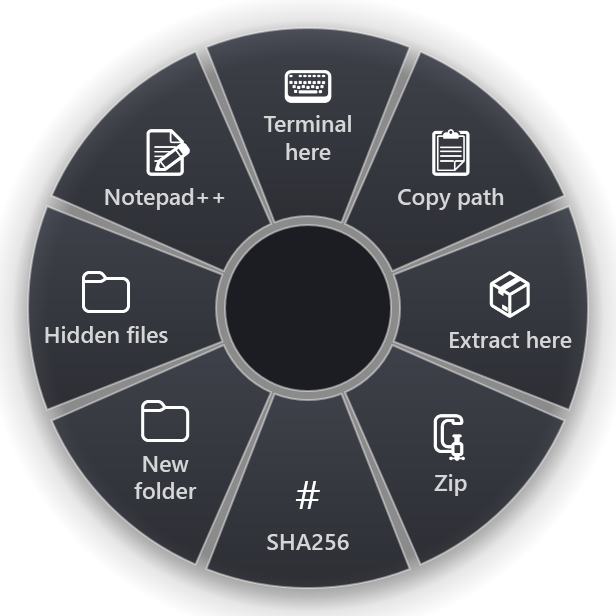 The Explorer ring: Terminal here, Copy path, Extract here, Zip, SHA256, New folder, Hidden files, Notepad++