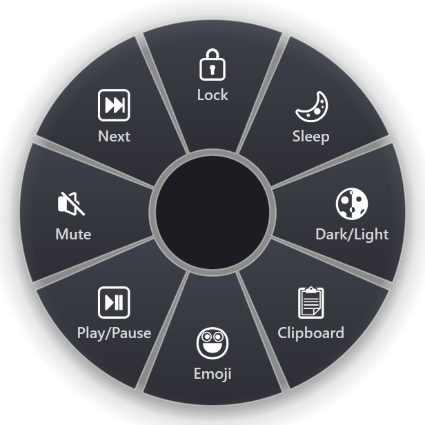 The Windows ring: Lock, Sleep, Dark/Light, Clipboard, Emoji, Play/Pause, Mute, Next