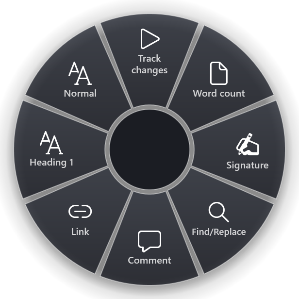 The Word ring: Track changes, Word count, Signature, Find/Replace, Comment, Link, Heading 1, Normal