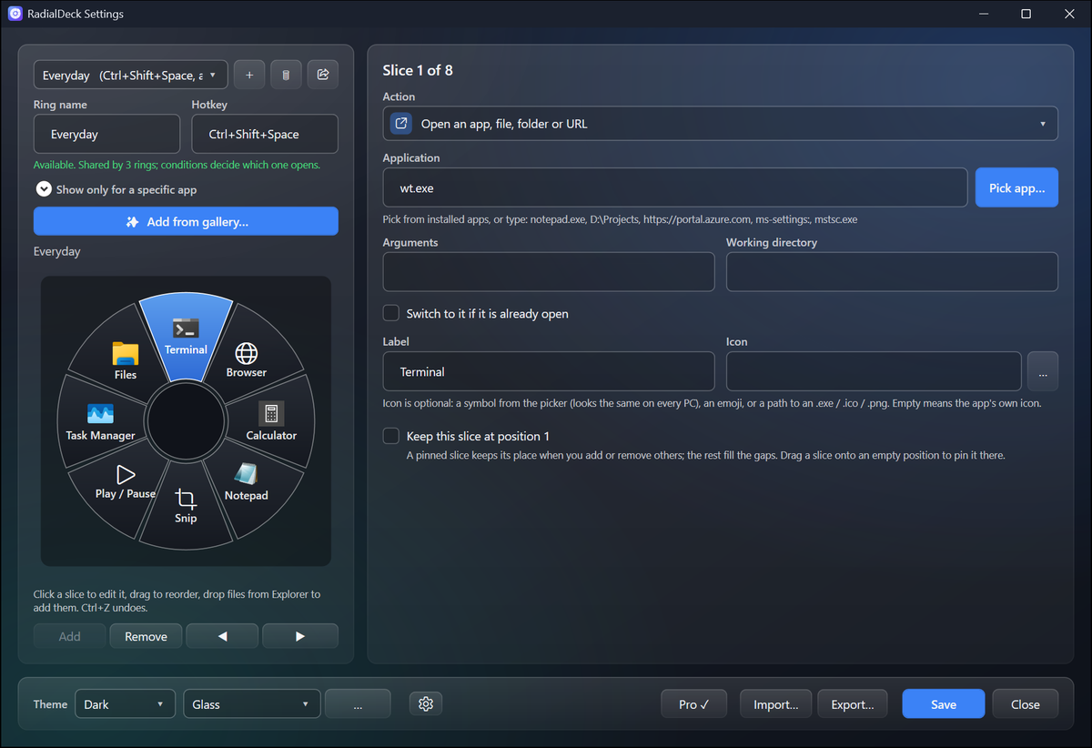 RadialDeck Settings: a ring of eight slices on the left, the selected slice's action, label and icon on the right
