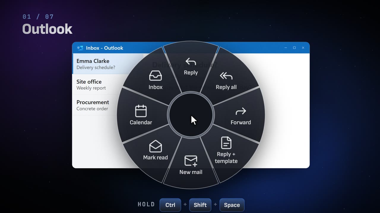 The Outlook ring open over an Outlook inbox: Reply, Reply all, Forward, Reply + template, New mail, Mark read, Calendar, Inbox
